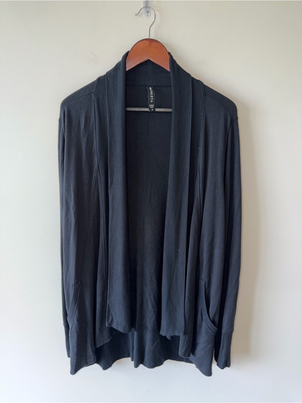 Athleta Black Open-Front Draped Cardigan Pockets Thumb Holes Modal